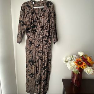 Vintage Mirrors II Abstract Brown Black Midi Surplice Blouson Dress